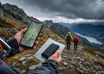 Randonneur consultant une carte GPS sur smartphone avec carte papier sous un ciel d’orage en montagne