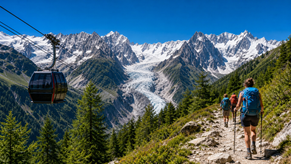 Télécabine moderne au-dessus d’un sentier de randonnée face au glacier d’Argentière et aux sommets du Mont-Blanc