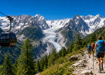 Télécabine moderne au-dessus d’un sentier de randonnée face au glacier d’Argentière et aux sommets du Mont-Blanc