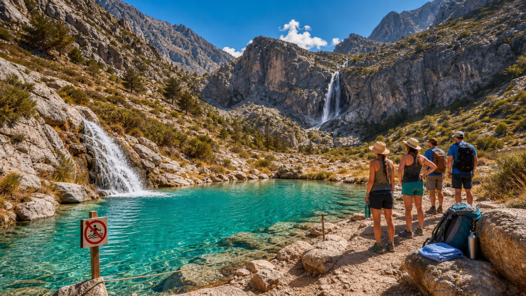 Lac turquoise de montagne avec cascade et panneau baignade interdite devant des randonneurs