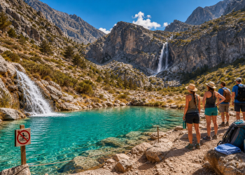 Lac turquoise de montagne avec cascade et panneau baignade interdite devant des randonneurs