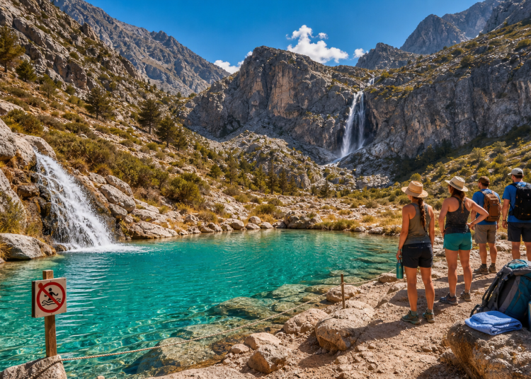 Lac turquoise de montagne avec cascade et panneau baignade interdite devant des randonneurs