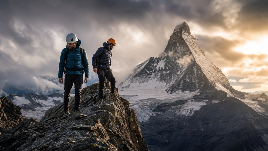 Deux alpinistes sur une arête rocheuse face au Cervin dans une ambiance de haute montagne dramatique