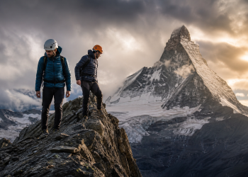 Deux alpinistes sur une arête rocheuse face au Cervin dans une ambiance de haute montagne dramatique