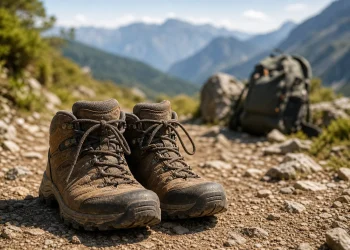 Chaussures de randonnée posées sur un sentier de montagne