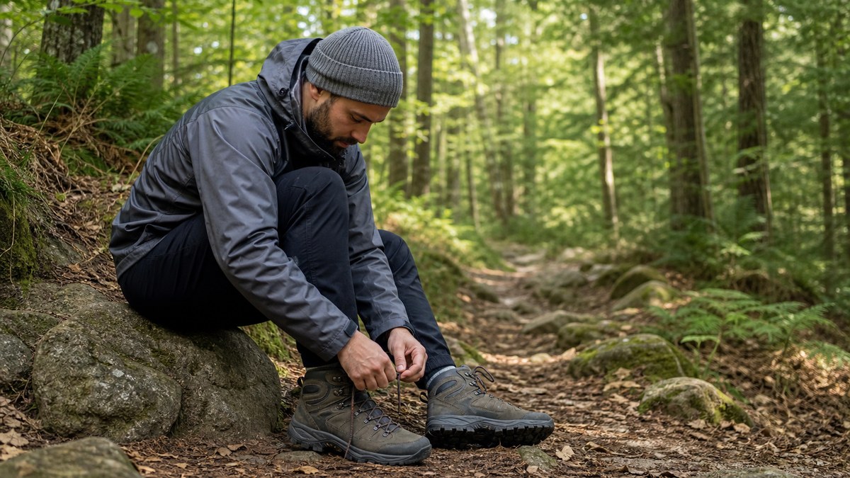 Randonneur ajustant ses chaussures sur un sentier
