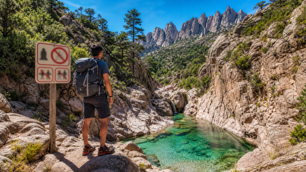 Randonneur devant un panneau de réglementation près d’un canyon turquoise en Corse, secteur Bavella Purcaraccia