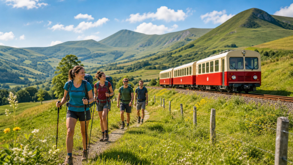 Train touristique dans les paysages verts du Cantal avec des randonneurs sur un sentier