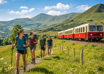 Train touristique dans les paysages verts du Cantal avec des randonneurs sur un sentier