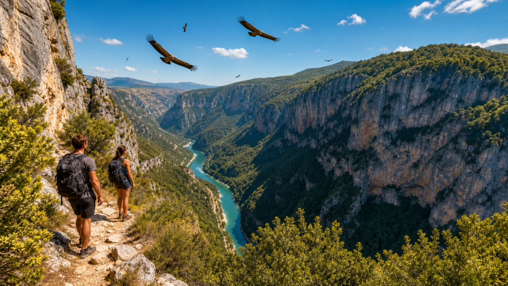 Randonneurs sur un sentier en balcon au-dessus des Gorges du Tarn avec vautours dans le ciel