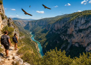 Randonneurs sur un sentier en balcon au-dessus des Gorges du Tarn avec vautours dans le ciel