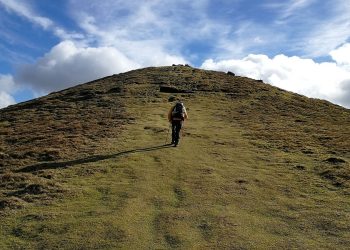 Randonneur en montée sur une colline herbeuse, bâtons à la main