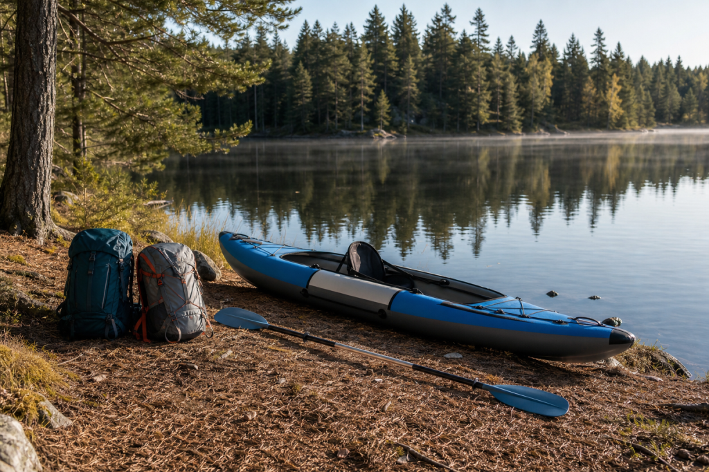 Kayak portable près de sacs de randonnée au bord d’un lac, illustration Razor Kayaks