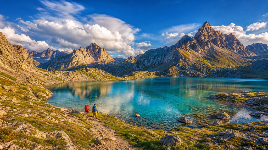 Lac d’altitude turquoise en Savoie avec randonneurs et sommets alpins, ambiance lac des Cerces