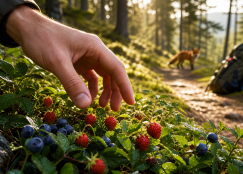 Main de randonneur près de baies sauvages au ras du sol avec un renard en arrière-plan, prévention maladie du renard