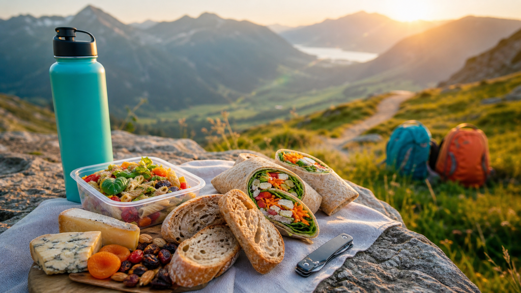 Pique-nique gourmand de randonnée avec wraps, salade, fromage, pain et gourde face aux montagnes