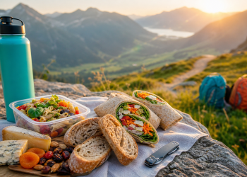 Pique-nique gourmand de randonnée avec wraps, salade, fromage, pain et gourde face aux montagnes