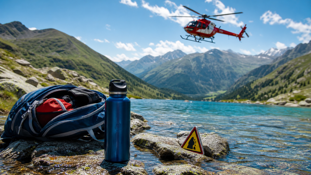 Gourde posée au bord d’un lac de montagne avec hélicoptère de secours en arrière-plan dans les Pyrénées