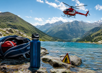 Gourde posée au bord d’un lac de montagne avec hélicoptère de secours en arrière-plan dans les Pyrénées