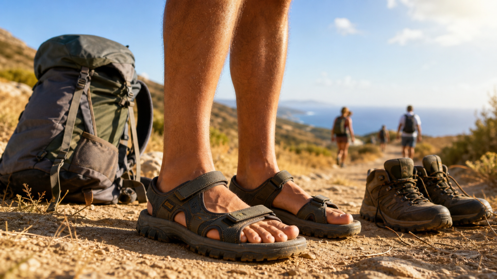 Randonneur portant des sandales techniques sur un sentier sec avec chaussures de randonnée posées à côté