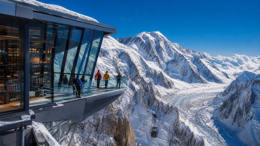 Plateforme panoramique et téléphérique du Skyway Monte Bianco face aux glaciers à Punta Helbronner