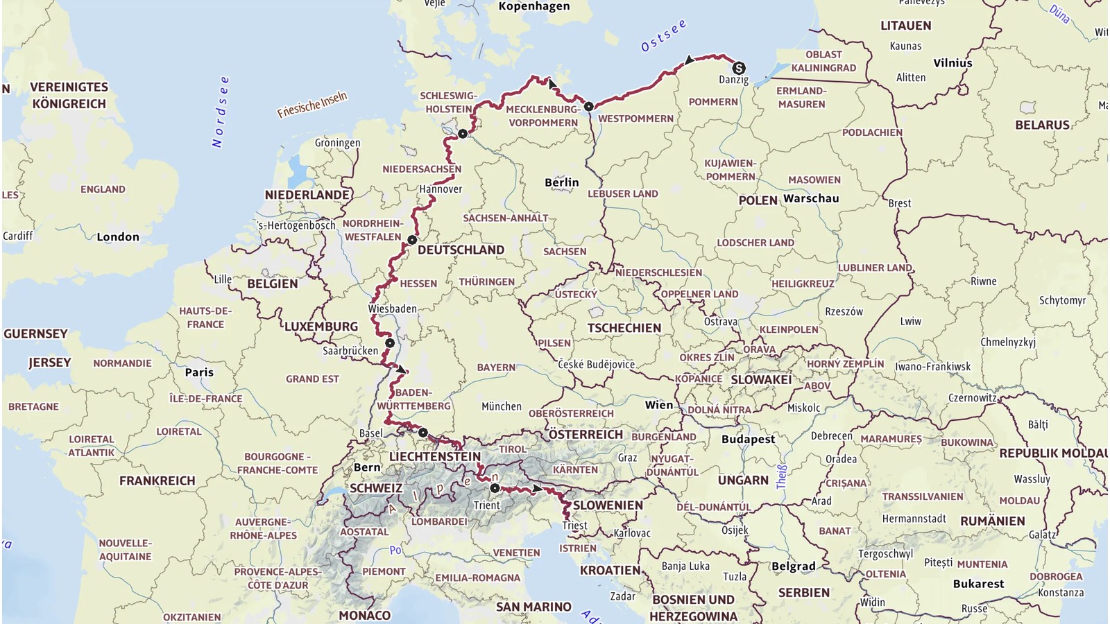 Carte du Wolf Trail entre la mer Baltique et l’Adriatique