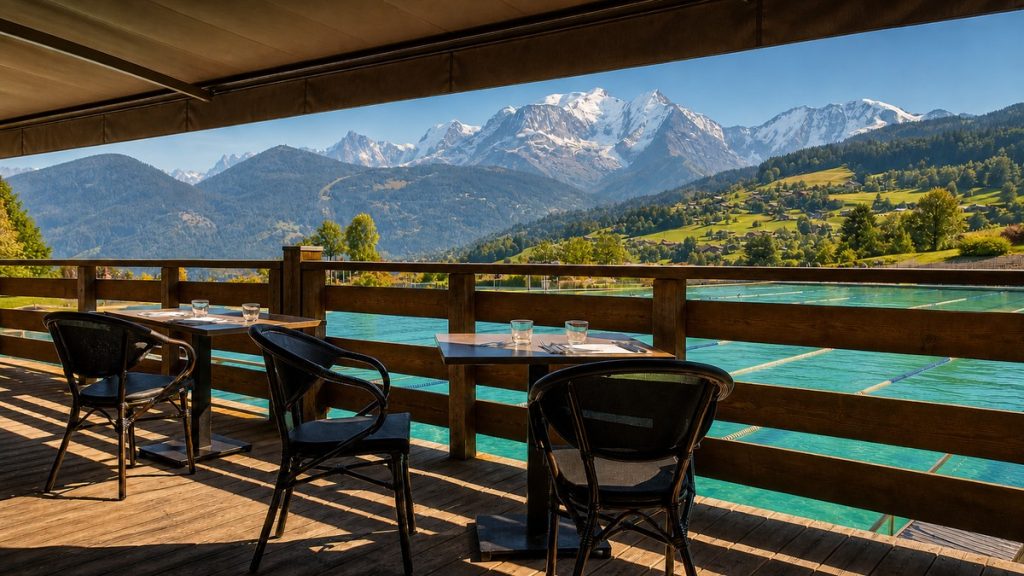 Terrasse de restaurant vide face au massif du Mont-Blanc à Combloux