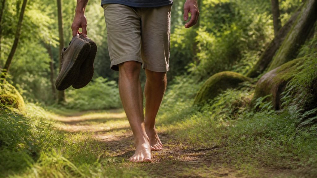 Adulte marchant pieds nus sur un chemin naturel doux et sûr, illustration