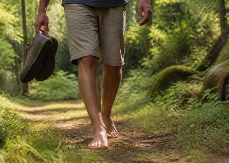 Adulte marchant pieds nus sur un chemin naturel doux et sûr, illustration