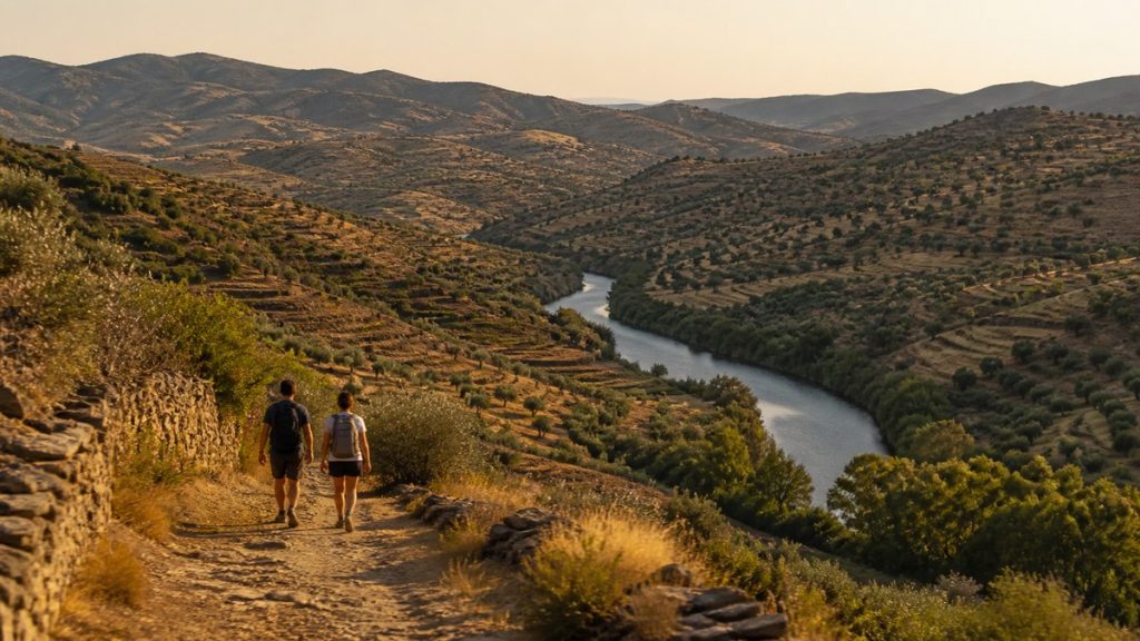 Randonneurs dominant une rivière dans une vallée sèche du Portugal