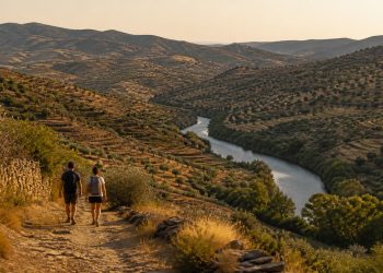 Randonneurs dominant une rivière dans une vallée sèche du Portugal