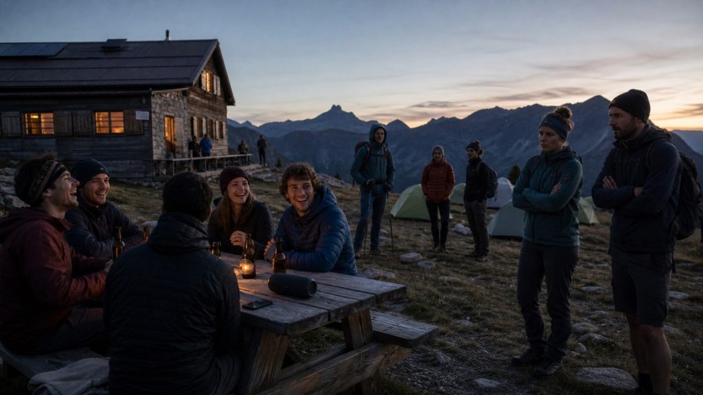Groupe de randonneurs avec enceinte et boissons près d’un refuge, illustration