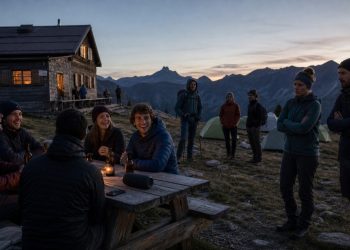 Groupe de randonneurs avec enceinte et boissons près d’un refuge, illustration