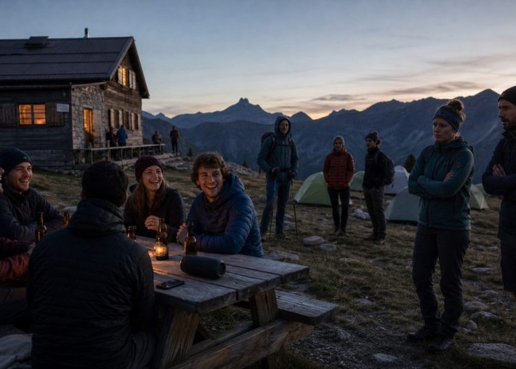 Groupe de randonneurs avec enceinte et boissons près d’un refuge, illustration
