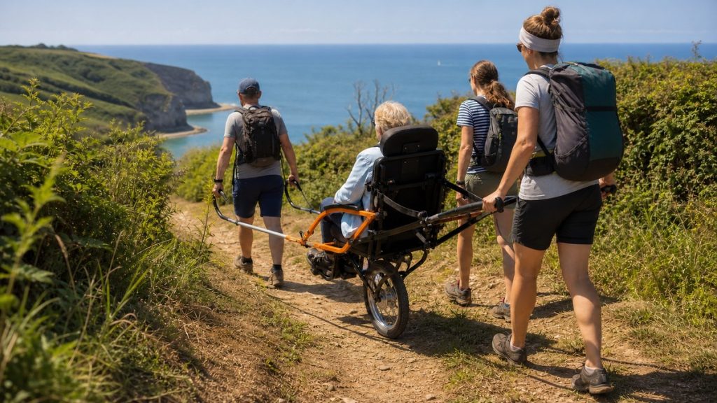 Personne âgée accompagnée sur un sentier côtier dans un fauteuil tout-terrain à roue centrale