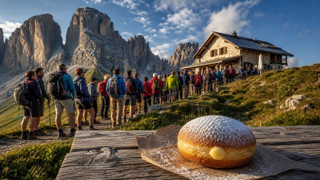 Longue file de randonneurs devant un refuge des Dolomites avec un krapfen au premier plan, illustration