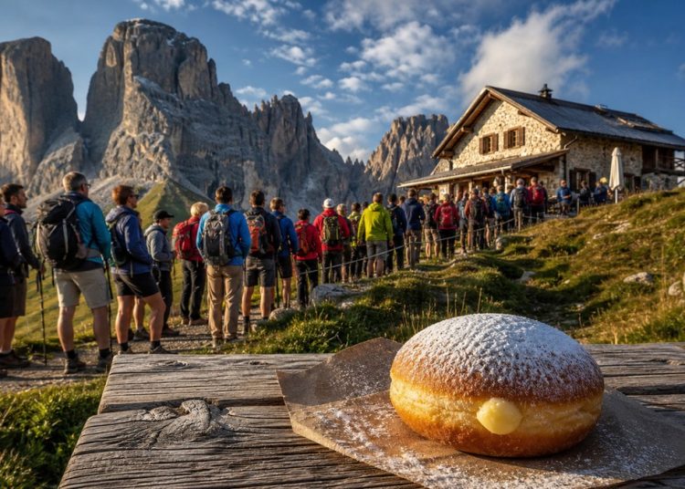 Longue file de randonneurs devant un refuge des Dolomites avec un krapfen au premier plan, illustration