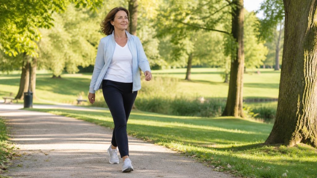 Femme marchant activement dans un parc avec un ample mouvement des bras, illustration