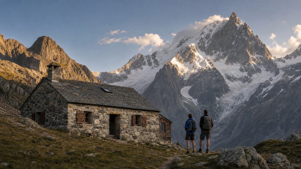 Père et fils devant un refuge alpin restauré, illustration