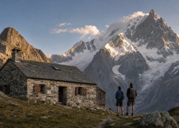 Père et fils devant un refuge alpin restauré, illustration