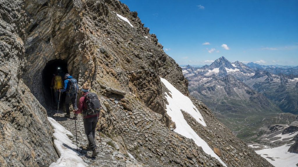 Randonneurs entrant dans un ancien tunnel piéton de haute montagne