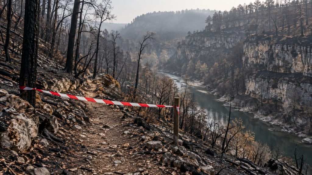 Sentier barré dans une gorge calcaire brûlée par un incendie en Dordogne