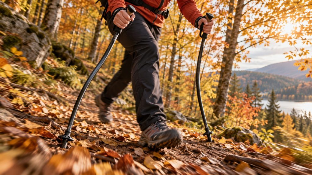 Bâtons de marche nordique à tige incurvée plantés dans un sentier forestier en automne