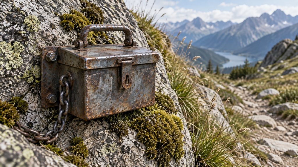 Petit boîtier métallique rouillé retenu par une chaîne, fixé à un rocher au bord d’un sentier de montagne