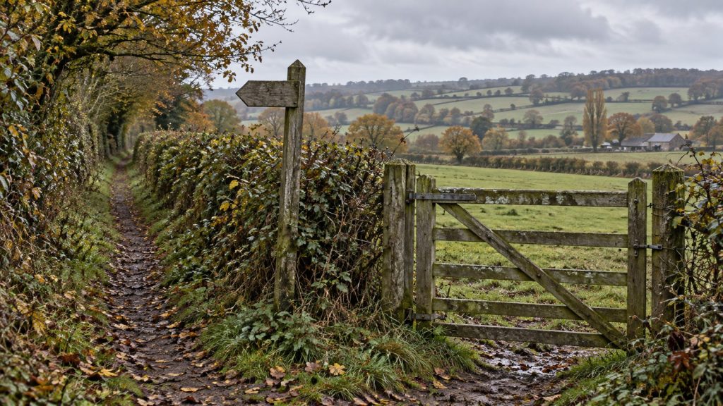 Chemin rural étroit entre deux haies et champs ouverts, avec un portail fermé en lisière
