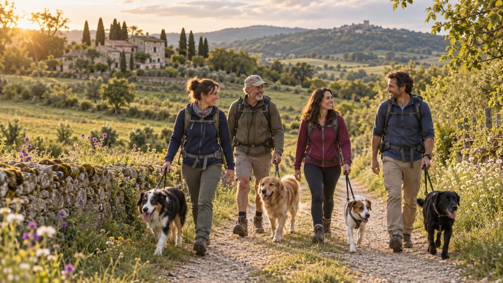 Groupe de randonneurs marchant sur un chemin de campagne avec plusieurs chiens en laisse
