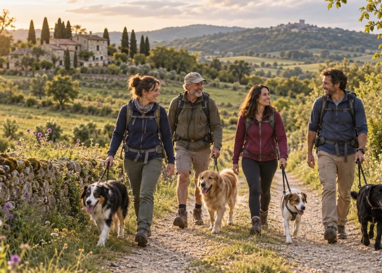Groupe de randonneurs marchant sur un chemin de campagne avec plusieurs chiens en laisse