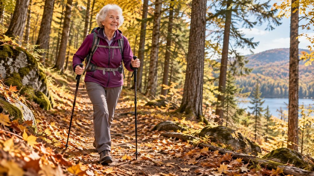 Femme active de plus de 80 ans marchant d’un pas vif avec des bâtons sur un sentier forestier