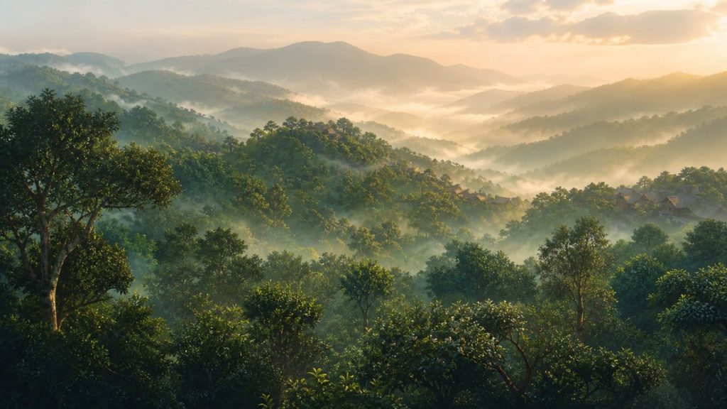 Illustration générée d’un paysage montagneux de forêt de thé évoquant Jingmai