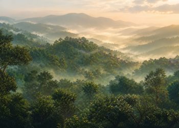 Illustration générée d’un paysage montagneux de forêt de thé évoquant Jingmai